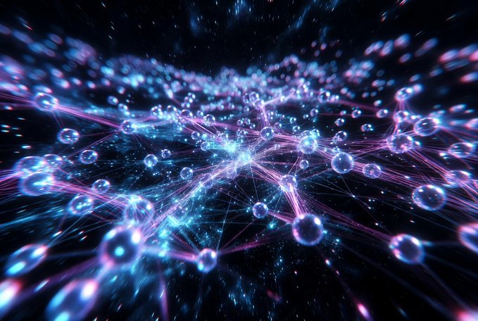 The image features a complex network of interconnected bubbles with various colors, including blue, pink, purple, and white. The bubbles are floating around each other, creating an abstract pattern that resembles a digital art piece or a futuristic scene from outer space. The background is dark, which contrasts with the colorful bubbles and makes them stand out even more. The image also contains text that reads "Meet @quipnetwork The Worldwide Quantum Computer! A decentralized marketplace connecting quantum hardware with real-world users." This suggests that the image might be related to a new technology or innovation in the field of computing or information technology, possibly involving quantum computing and its applications.