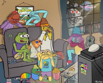 A cartoon illustration of various anthropomorphic frogs and characters lounging on a messy couch watching TV, with one shirt reading 'BORED APE'.
