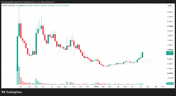 A TradingView weekly candlestick chart for KAYKO/TetherUS on Binance, showing price data from March through July 2026 with a current value around 0.8995 USDT.