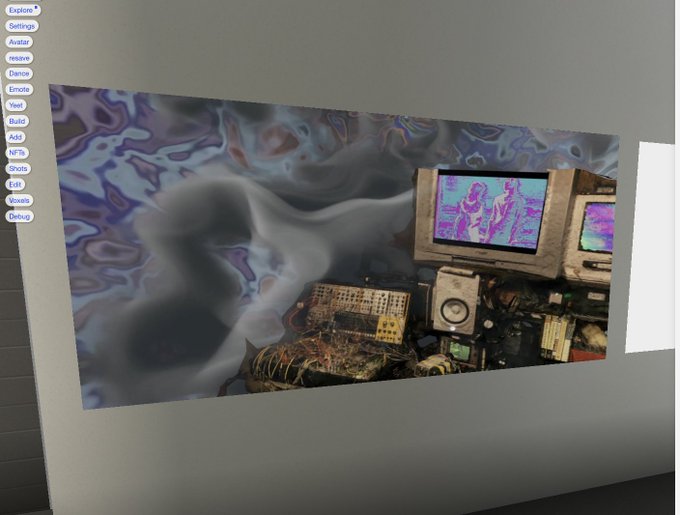 A computer screen displaying a 3D scene with a video editing timeline on the left panel (with options like 'Settings', 'Avatar', 'Dance') and a surreal image showing CRT monitors, electronic equipment, and a swirly iridescent pattern in the main viewport.