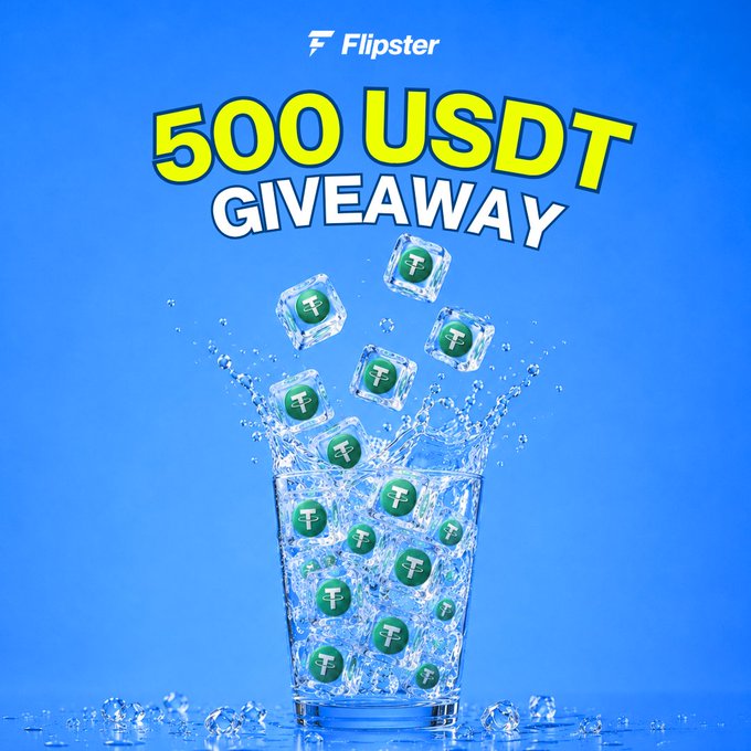 A Flipster promotional graphic for a "500 USDT GIVEAWAY" features a glass of ice cubes branded with the USDT (Tether) logo splashing dynamically against a bright blue background, visually reinforcing the post's "cool off" theme and enticing users to participate by following, liking, retweeting, and tagging friends for a chance at randomly allocated USDT rewards.