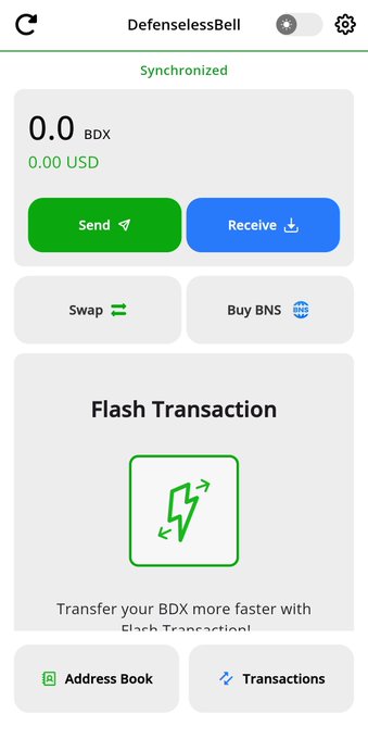 A screenshot of the DefenselessBell crypto wallet app showing a balance of 0.0 BDX ($0.00 USD) with options to Send, Receive, Swap, and Buy BNS, along with a Flash Transaction feature.