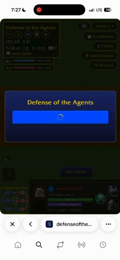 The image shows a smartphone screen with an app icon displayed that says "Defence of the Agents" along with a button labeled "Defence of the Agents." The phone's home screen also features a message about integrating DOTA into the Base app, which suggests that the user might be interested in playing a game that uses DOTA.