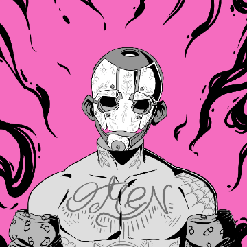 An illustration of a pale, tattooed humanoid figure with a mechanical-looking head and lips, set against a bright pink background with black flame-like accents.
