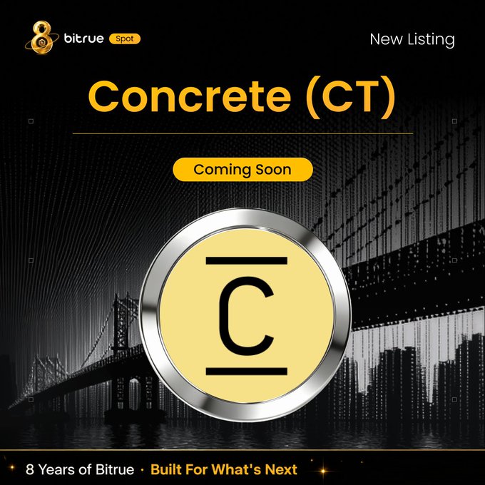 A Bitrue promotional graphic announcing the new listing of Concrete (CT) on Bitrue Spot, featuring a large gold "C̄" token logo against a dark cityscape backdrop with "Coming Soon" prominently displayed, matching the announcement that deposits via Ethereum and CT/USDT trading begins September 30 at 14:00 UTC.