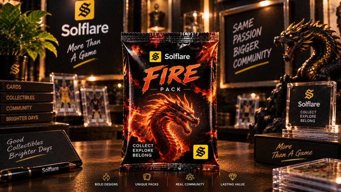 A promotional image for 'Solflare Fire Pack' collectibles featuring a fiery dragon design pack on a dark background with dragon statues and signs reading 'Same Passion Bigger Community' and 'More Than A Game'.