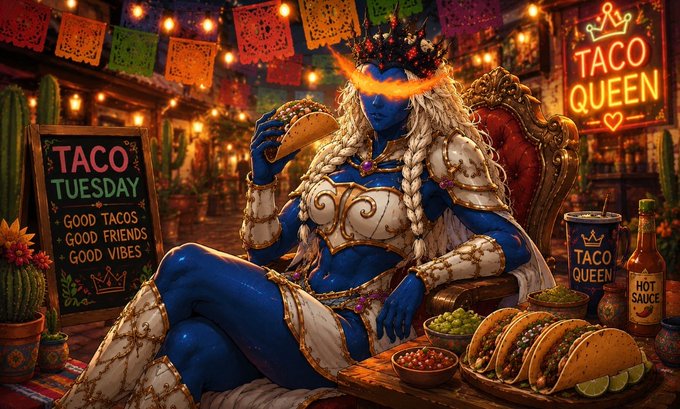 A fantasy illustration of a blue-skinned female figure with fiery eyes, wearing ornate armor and a floral crown, eating a taco in a Mexican-themed setting with 'TACO TUESDAY' and 'TACO QUEEN' neon signs, surrounded by tacos and hot sauce.
