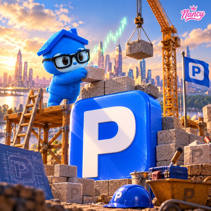 A 3D-rendered advertisement featuring a blue cartoon mascot wearing glasses and a hard hat, building a large blue block with a 'P' logo against a sunset cityscape, with the 'Nancy' brand name visible.