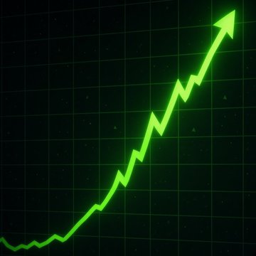 A bright green upward-trending line graph with an arrow head points to the top right on a dark grid background.