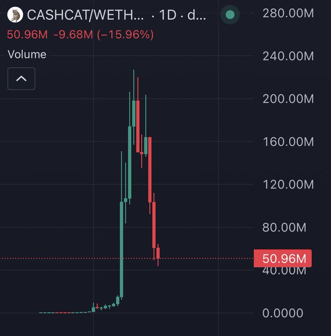 A 1D volume chart for the CASHCAT/WETH trading pair shows a dramatic spike peaking near 280.00M before crashing to 50.96M (-15.96%), visually reinforcing the post's claim that the Robinhood chain token has collapsed.