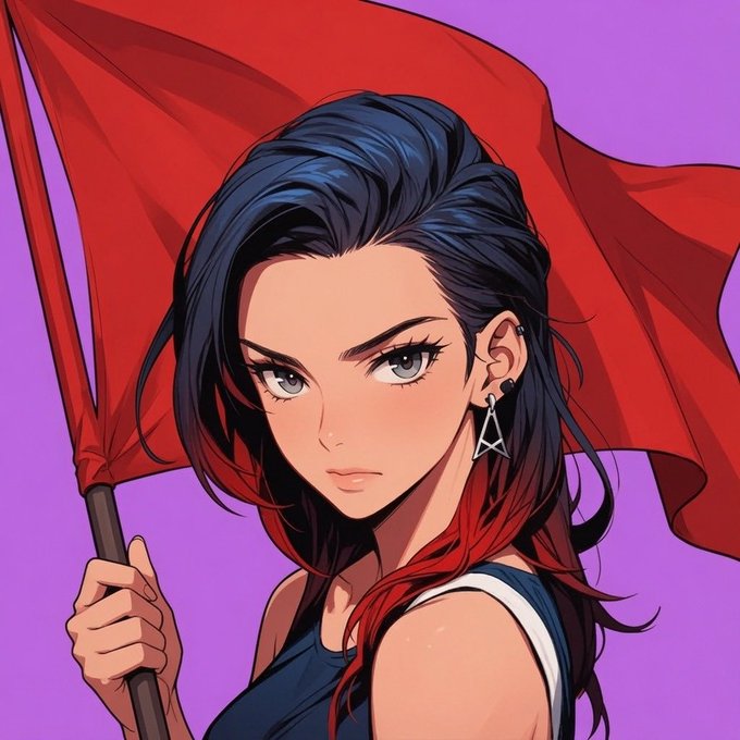 An anime-style illustration of a fierce young woman with dark hair tipped in red, holding a large red flag against a vibrant purple background. The bold, striking imagery pairs perfectly with the post's energetic call to action, embodying the rally-like spirit of inviting the Web3 community to gather at the Metafrens Hangout.