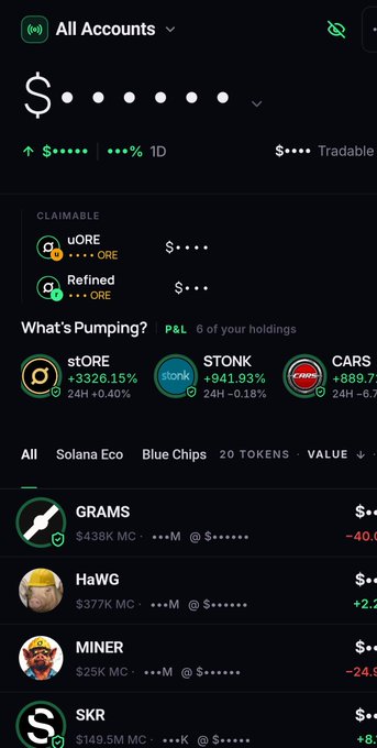 A cryptocurrency portfolio app screenshot showing 'All Accounts' with tokens including uORE (Refined), stORE (+3326.15%), STONK (+941.93%), CARS (+889.7%), GRAMS ($438K MC), HaWG, MINER, and SKR.