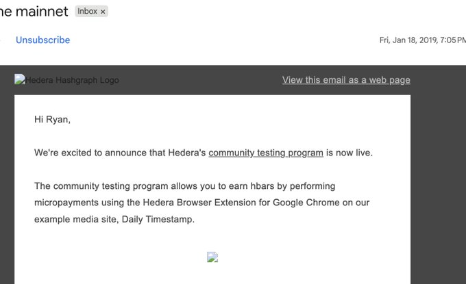 An email from Hedera Hashgraph notifying Ryan that their community testing program is live, allowing users to earn hbars through micropayments using the Hedera Browser Extension for Google Chrome on Daily Timestamp.