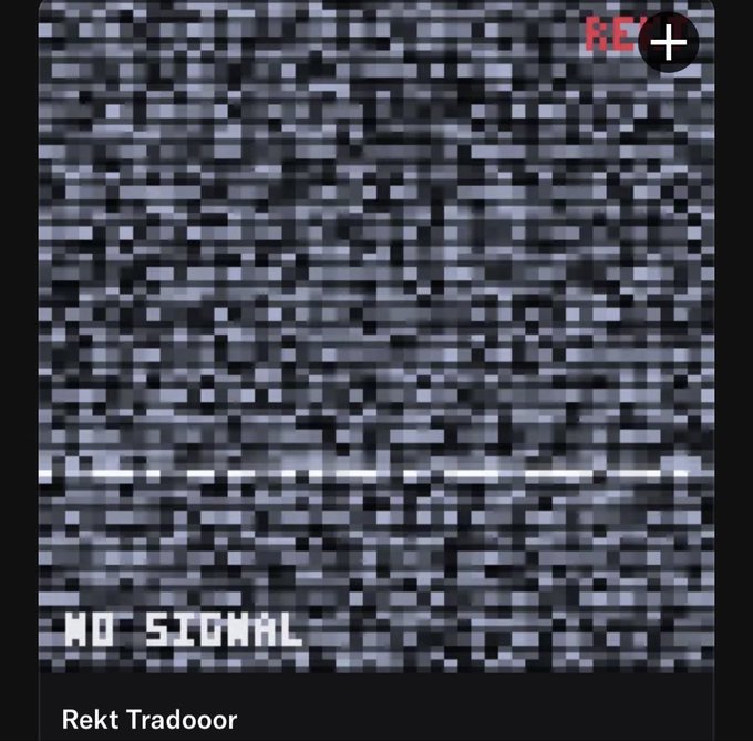 A pixelated 'NO SIGNAL' NFT image with static pattern from the Rekt Tradeooor collection, marked with 'REKT' in the corner.