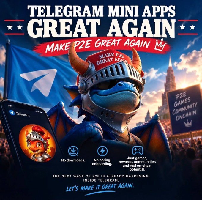 A promotional graphic featuring a horned dragon warrior wearing a "MAKE P2E GREAT AGAIN" helmet, with text promoting "TELEGRAM MINI APPS GREAT AGAIN" and highlighting benefits like "No downloads," "No boring onboarding," and "Just games, rewards, communities and real on-chain potential." The image ties to the Emberwing P2E airdrop post by showcasing the Telegram-based play-to-earn gaming ecosystem where users can complete tasks to earn GRAM tokens.
