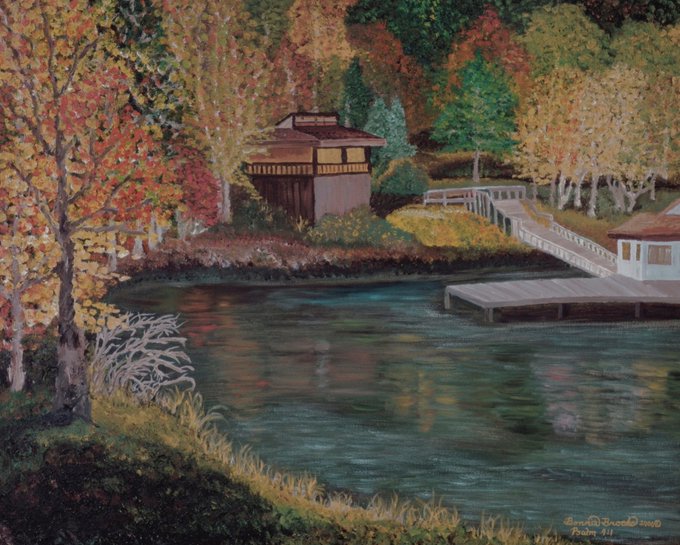 A landscape painting depicting an autumn scene with colorful fall foliage, a wooden boathouse, a white bridge, and a calm lake with reflections.