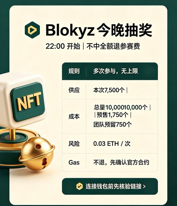 A promotional graphic for a Blokyz lottery event ('Blokyz 今晚抽奖') featuring details about NFT supply, cost, and risk, with 3D rendered NFT blocks and a gold cat figure.
