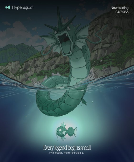 Hyperliquid promotional poster with a large sea serpent/dragon emerging from water above a small fish, with text "Every legend begins small" and "Now trading 24/7/365".