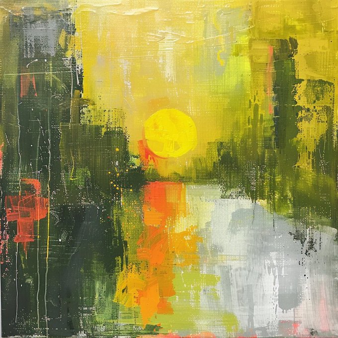 An abstract painting featuring a vibrant yellow sun glowing above a reflective water-like surface, framed by dark green and olive tones with bold orange and red drips, echoing the post's theme of "a little sunlight, a little hope" through its radiant focal point and energetic, expressive brushwork. No text or numbers are visible in the image itself.