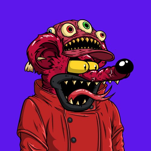 A digital illustration of a grotesque red creature with multiple eyes and sharp teeth, wearing a red hoodie against a purple background.