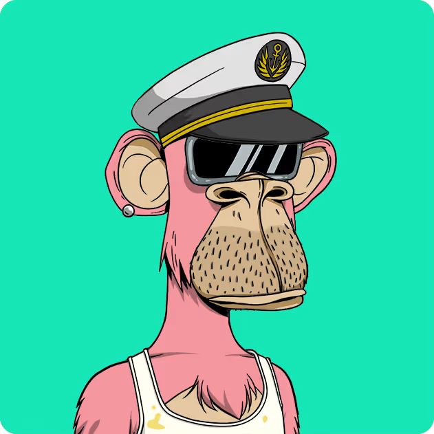 A cartoon illustration of a pink monkey wearing a white captain's hat, sunglasses, and a white tank top against a green background.