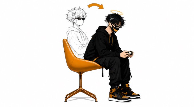 An anime-style illustration of a black-clad character with a mask sitting on an orange chair holding a controller, with a faded outline of another character behind him and an orange arrow indicating movement.