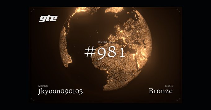 A 'gta' tier graphic featuring a glowing golden globe, displaying Member 'Jkyoon090103' at Waitlist rank '#981' with 'Bronze' status.