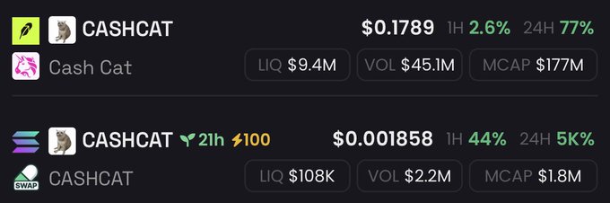 The image displays two different "CASHCAT" tokens on Solana, highlighting the lack of innovation with multiple cat-themed meme coins sharing the same ticker. One shows a price of $0.1789 with a $177M market cap, while the other is valued at $0.001858 with just a $1.8M market cap, illustrating the crowded and derivative nature of meme coin naming conventions.