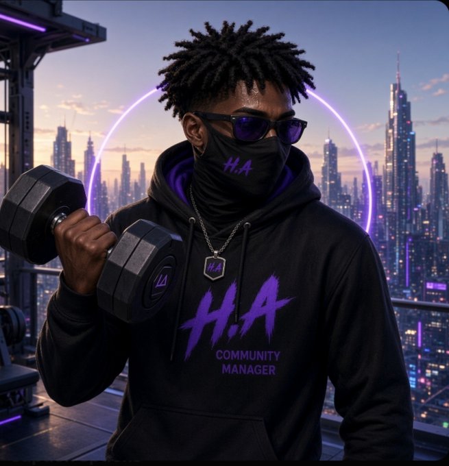 An AI-generated image shows a man wearing sunglasses, a black face mask with 'H.A' written on it, and a black hoodie reading 'H.A COMMUNITY MANAGER', lifting a dumbbell against a futuristic purple cityscape.