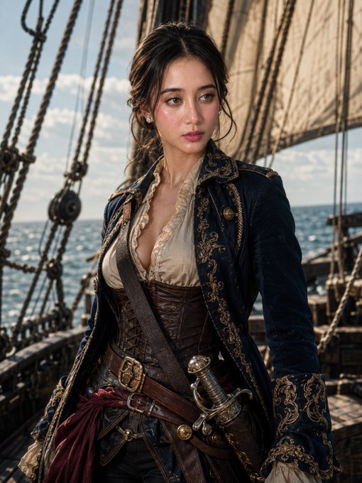 A woman with dark hair styled in a pirate-themed outfit with an ornate blue and gold jacket and corset, standing on a wooden ship deck with rigging and ocean visible behind her.