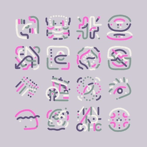 A 4x4 grid of sixteen abstract, colorful digital illustrations in pink, purple, white, and sage green on a light gray background, with no visible text or numbers. The image appears to showcase a generative art collection called GLiF, with the post referencing the purchase of "GLiF #2505" for 0.0074 ETH between two Ethereum wallet addresses, suggesting this artwork is part of the GLiF NFT series available on glifs.art and OpenSea.