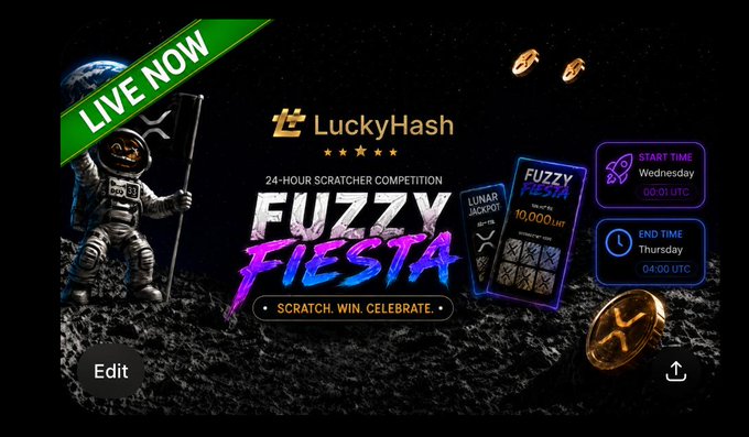 A banner for 'LuckyHash' advertises a '24-HOUR SCRATCHER COMPETITION' called 'FUZZY FIESTA' with the tagline 'SCRATCH. WIN. CELEBRATE.', featuring an astronaut on the moon and start/end times for Wednesday.