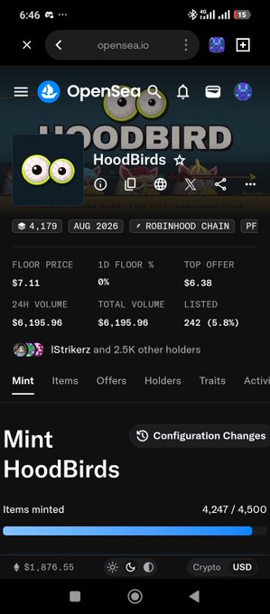 A screenshot of the OpenSea NFT collection page for "HoodBirds" on the Robinhood Chain shows a floor price of $7.11 and a 24-hour volume of $6,195.90, with 4,247 of 4,500 items minted, reflecting the sister's quick return as she presumably flipped a free-to-mint HoodBirds NFT for around $6 in profit.