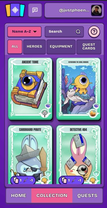 A screenshot of a mobile game interface, likely Disney Mirrorverse, showing a collection screen under the username @justphoen... with cards for Ancient Tome, Reefkeeper the Coral Mermaid, Cardboard Pirate, and Detective 404.