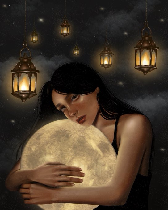 Digital artwork of a dark-haired woman embracing a glowing full moon against a starry night sky, with ornate hanging lanterns illuminating the scene.
