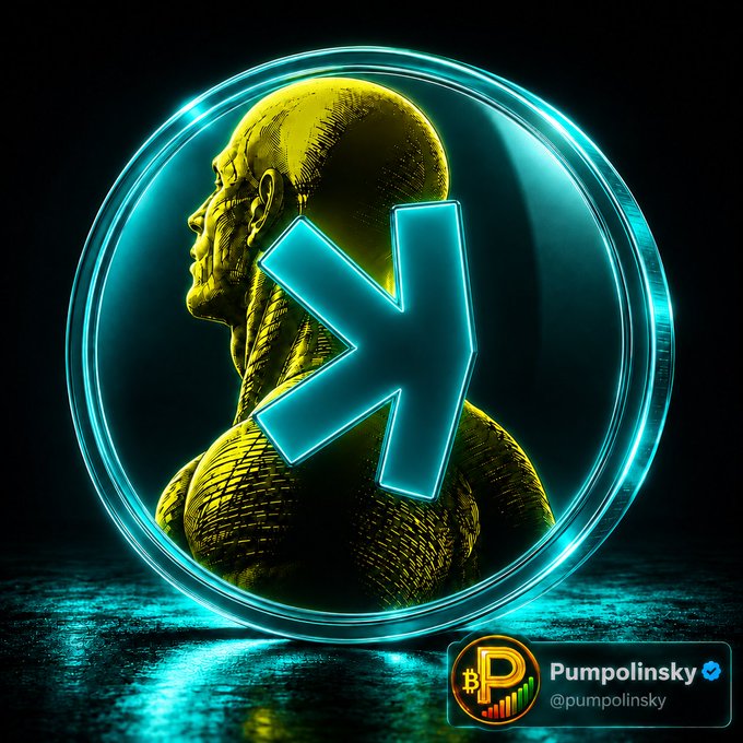 A stylized golden humanoid bust encased in a glowing cyan sphere displays a bright teal "K" symbol at its center, referencing the Kaspa ($KAS) ticker. In the bottom-right corner, a verification badge reads "Pumpolinsky @pumpolinsky," tying the futuristic, strength-evoking imagery to the post's theme of a strong community around the $IF token giving $KAS vibes.