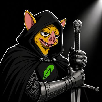 Digital artwork of an anthropomorphic pig wearing a black hooded cloak and chainmail, holding a sword vertically with both gauntleted hands, with a green leaf emblem on its chest.
