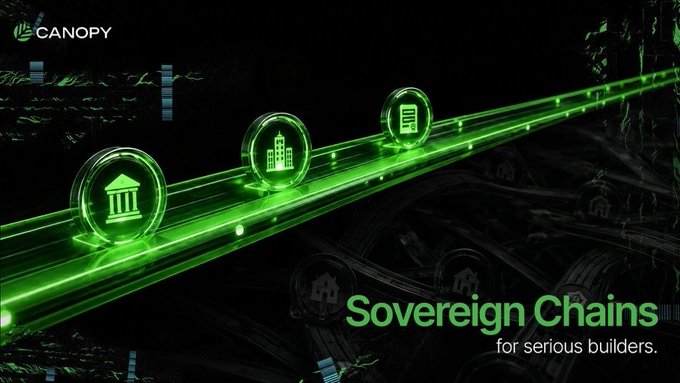 The image features a dark, futuristic scene with glowing green 3D icons of a bank, building, and stock chart on a track, accompanied by the "CANOPY" logo and the text "Sovereign Chains for serious builders." This visual aligns with the post's message by symbolizing the movement away from congested shared blockchain rails toward dedicated, efficient pathways designed for institutional-grade tokenized assets.