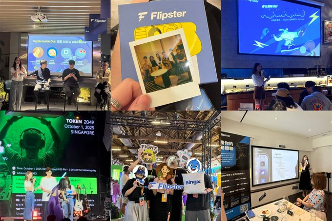 A collage of photos from Flipster crypto events, including panels at TOKEN 2049 Singapore (October 1, 2025), a team photo with polaroid, and crypto club gatherings.