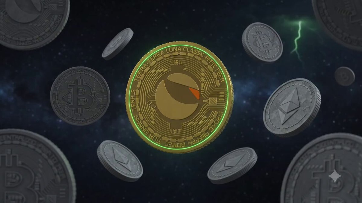 The image features a large, circular coin with a green glow at its center, surrounded by numerous other coins scattered throughout space. The text "LUNC" can be seen in the image as well. The phrase "$LUNC: The Green Eclipse" is also present within the image.