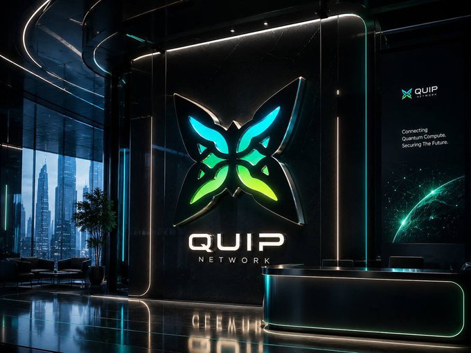A futuristic, neon-lit digital rendering of a 'QUIP NETWORK' reception area with a glowing butterfly logo and the tagline 'Connecting Quantum Compute, Securing The Future.'