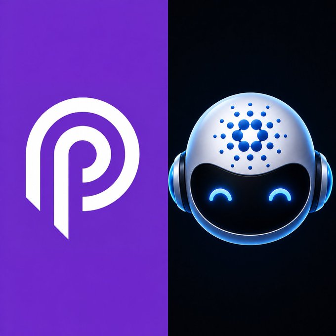 Split image showing the Polygon (POL) logo on a purple background on the left and a white and blue AI robot head with glowing cyan eyes and a Cardano/dot pattern on the right.