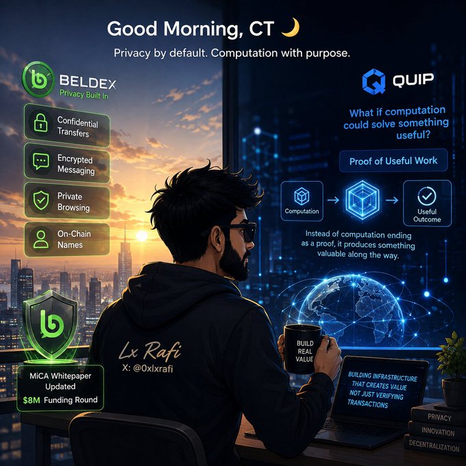 A digital graphic titled "Good Morning, CT" highlighting the BELDEX project with privacy features like Confidential Transfers and Encrypted Messaging, alongside the QUIP "Proof of Useful Work" concept, credited to "Lx Rafi / X: @0xlxrafi."