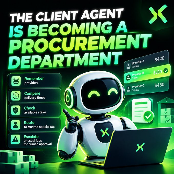 A promotional graphic with bright green text stating 'THE CLIENT AGENT IS BECOMING A PROCUREMENT DEPARTMENT', featuring a smiling robot at a laptop next to a list of tasks and provider prices.