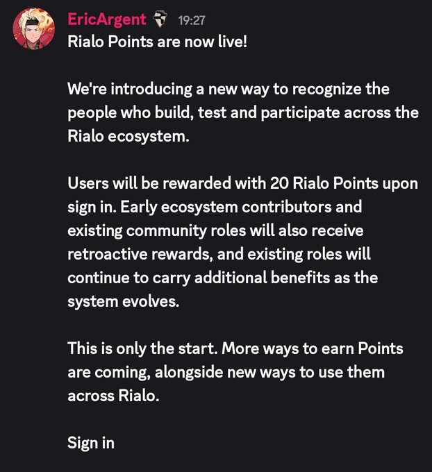 A Discord screenshot from EricArgent announces "Rialo Points are now live," explaining that users will receive 20 Rialo Points upon sign-in, with retroactive rewards for early contributors and existing community roles. The announcement ties to the accompanying post promoting Rialo's incentivized testnet campaign at playground.rialo.io as a free opportunity for potential retroactive airdrops.