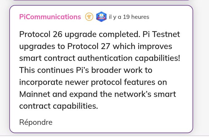 A social media post from PiCommunications announcing that 'Protocol 26 upgrade completed' with Pi Testnet upgrading to Protocol 27 for improved smart contract authentication.
