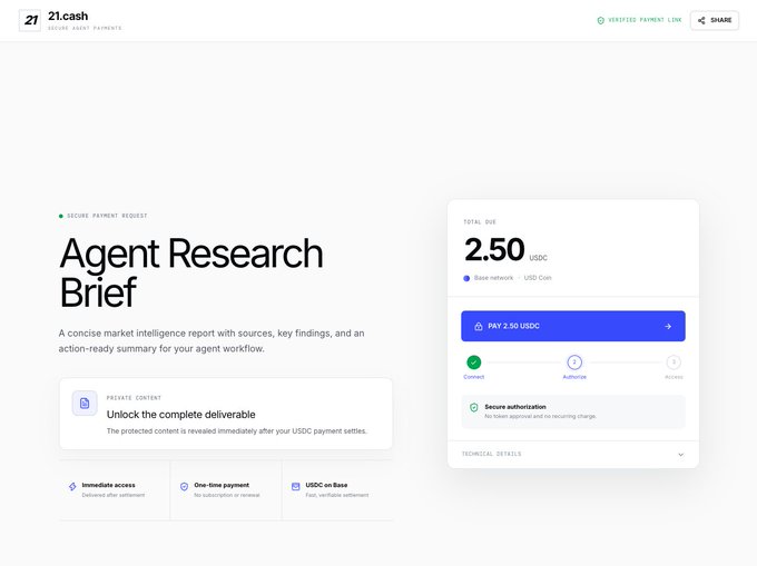 A payment interface from '21.cash' titled 'Agent Research Brief' showing a total due of 2.50 USDC with options to pay on the Base network.