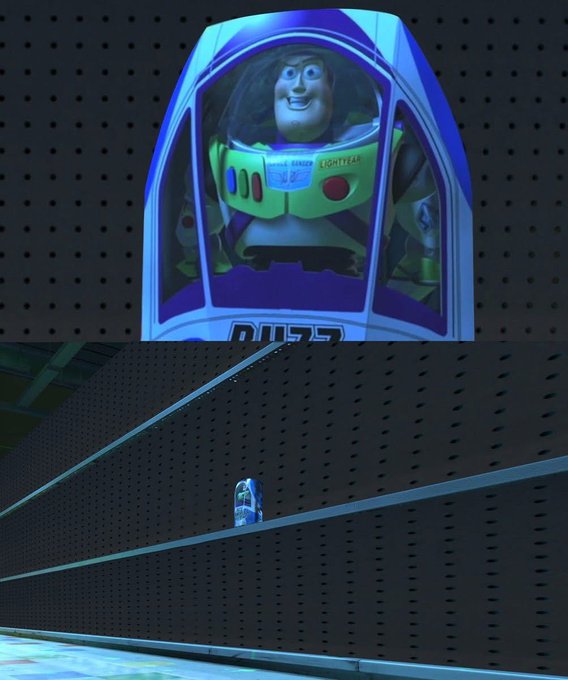The image features a toy robot character, Buzz Lightyear, positioned inside of a car window with his face visible through the window. The background shows two different scenes depicting the same toy robot character in various positions. One scene prominently showcases Buzz Lightyear sitting on top of a wall and another one showing him walking along a track. At the bottom of the image there is a text that reads "Bitcoin is going to $300K", indicating an association between the toy robot character and Bitcoin, potentially as part of a promotional campaign or a fictional concept in this case.