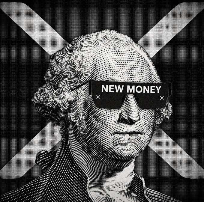 A black-and-white engraved portrait of George Washington wears sunglasses labeled "NEW MONEY" against a halftone X-pattern background, cleverly repurposing the dollar bill aesthetic to symbolize fresh wealth tied to $XRP.