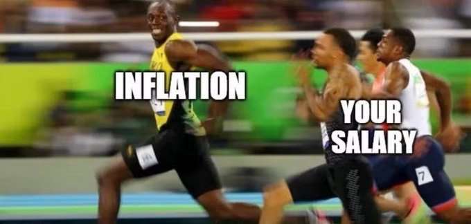 A photo of Usain Bolt sprinting ahead of his competitors has been edited with text overlays: Bolt is labeled "INFLATION" while the trailing runners are labeled "YOUR SALARY," humorously illustrating how inflation outpaces wages. The image visually reinforces the post's message that boosting your skills and earning potential is essential to outrun rising costs.